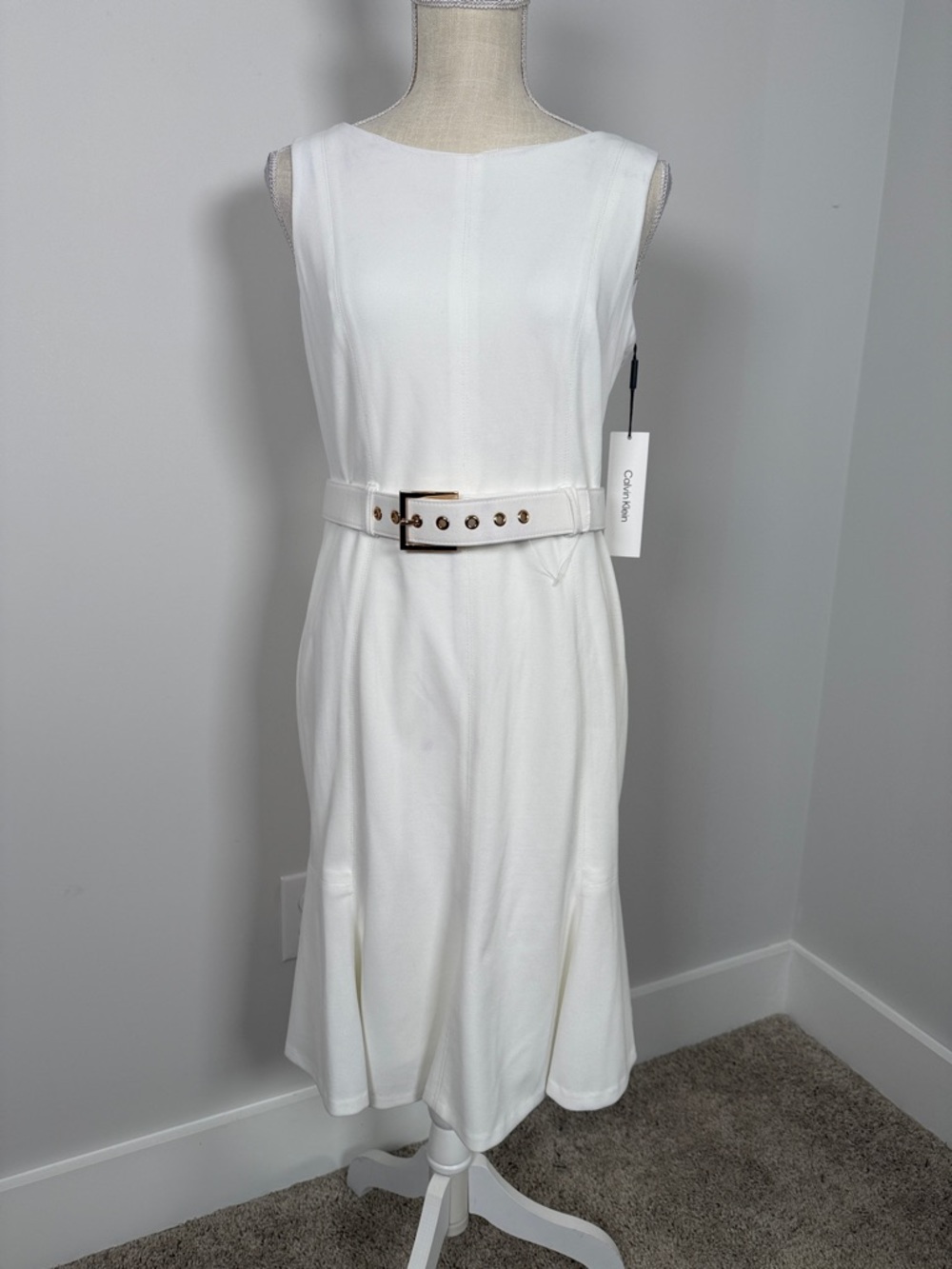 Calvin Klein White Sleeveless Midi Dress with Belt (color transfer stains)